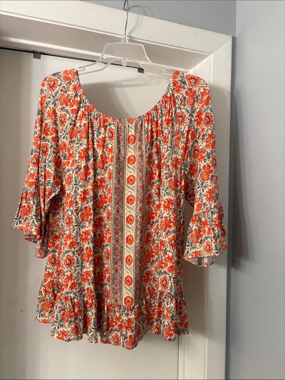 Style & Co. Orange Floral Peasant Tunic with Ruffled Sleeves
